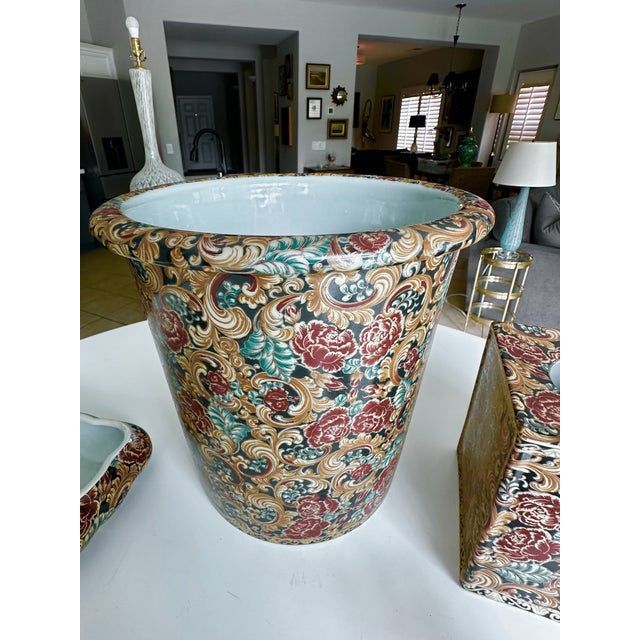 Chinese Bathroom Accessory Set Floral Porcelain Vintage For Sale - Image 13 of 17