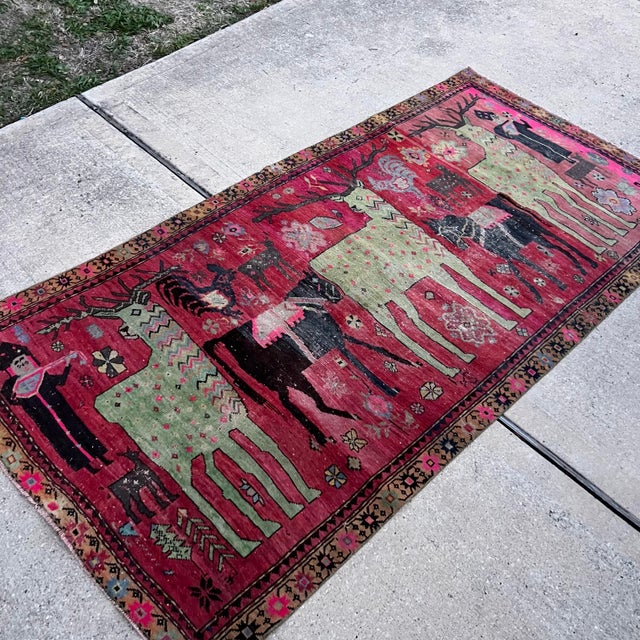 Antique Early 1900s Karabagh Rug, Handwoven Caucasian Wool Rug With Vibrant Deer & Floral Motifs, 4x9 Vintage Runner For Sale - Image 10 of 10