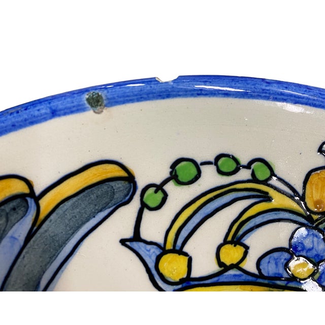 1960s Hand Painted Majolica Crest Blue White Yellow Decorative Wall Plate For Sale - Image 9 of 10