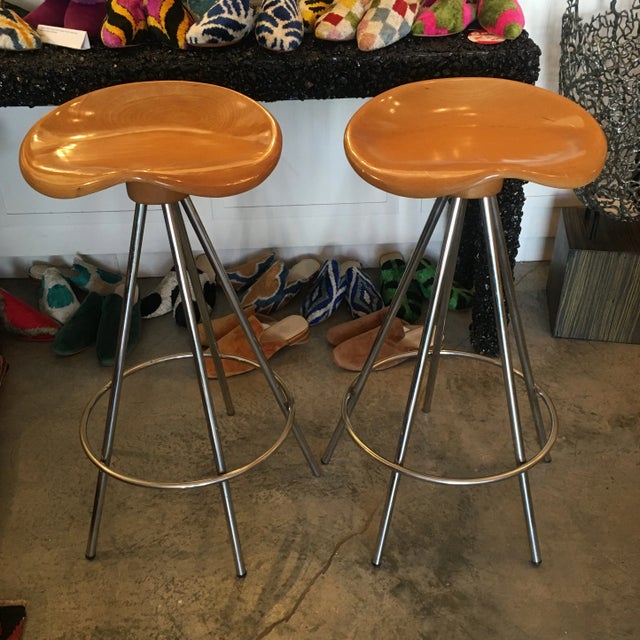 Tan Pepe Cortes Wood and Metal Bar Stools for Knoll a Pair For Sale - Image 8 of 8