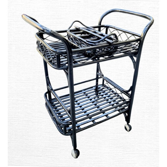 1980s Vintage Painted Black Gloss Rattan Coastal Regency Rolling Bar Cart With Silverware Tray For Sale - Image 5 of 8