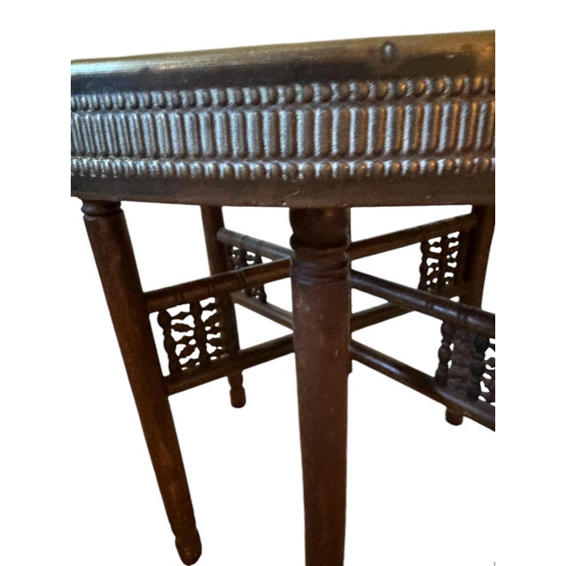 Mediterranean Moroccan Engraved Brass Tray on Adjustable Wooden Stand. For Sale - Image 3 of 9