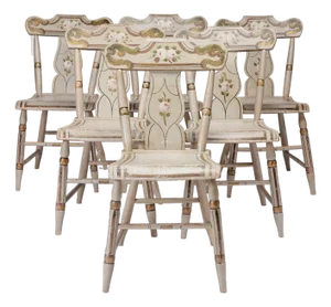 Set of 6 Pennsylvania Plank Seat Side Chairs With Floral Decorations, C. 1825