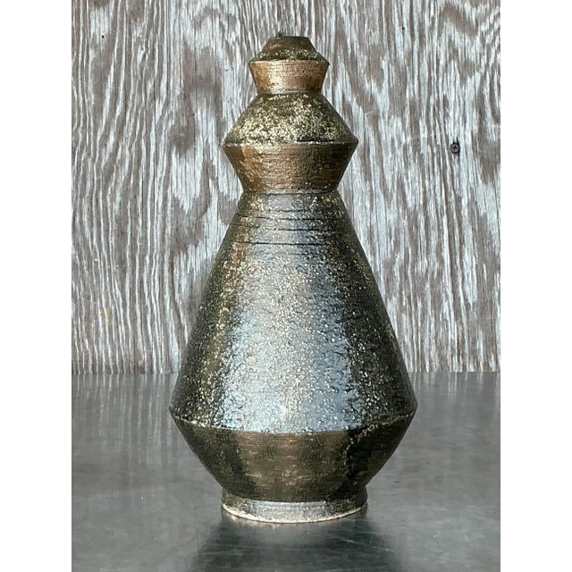 Mid-Century Modern Vintage Boho Original Studio Pottery Scored Vase For Sale - Image 3 of 6