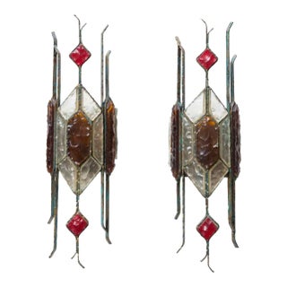 Hammered Glass on Wrought Wall Lights from Longobard, 1970s, Set of 2 For Sale