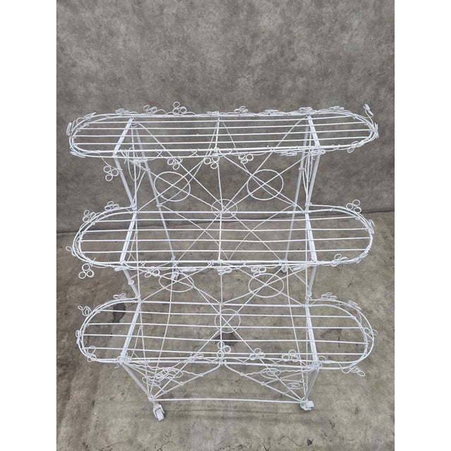Victorian Vintage White Wire 3-Tier Rolling Plant Stand on Casters For Sale - Image 3 of 10