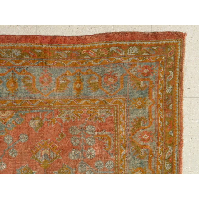 Antique Oushak Carpet, Oriental Rug, Handmade Rug Saffron, Light Blue and Coral For Sale - Image 14 of 18