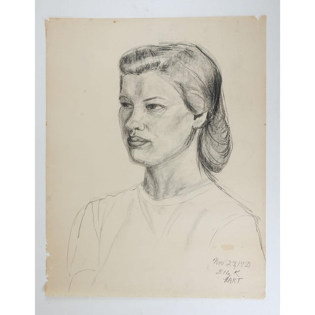 Vintage 1950 charcoal on paper portrait drawing of woman by Geneva Flores Hart (1906-2008) Texas. Signed and dated lower...