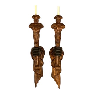 Mid 20th Century Large Hand Carved Italian Venetian Hand Sconces, Black Lacquer and Gold Leaf. Not Electrified. For Sale