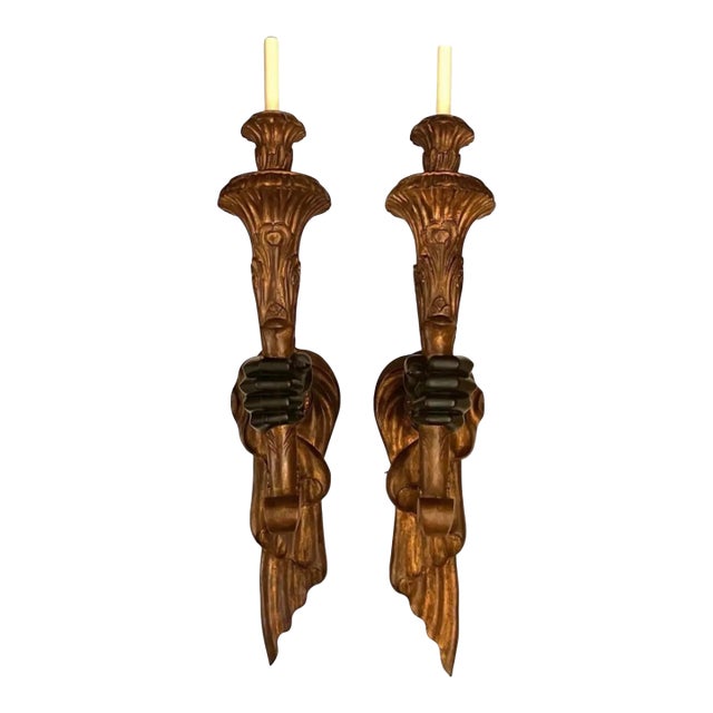 Mid 20th Century Large Hand Carved Italian Venetian Hand Sconces, Black Lacquer and Gold Leaf. Not Electrified. For Sale