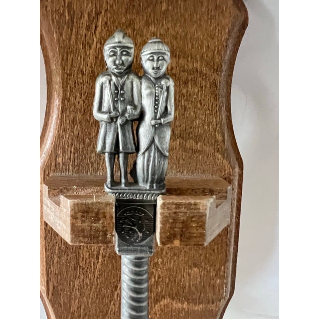 Figurative Vintage Dutch Pewter Wedding Spoon With Wooden Holder For Sale - Image 3 of 11