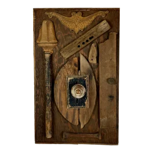 Vintage Folk Art Wall Sculptural Art of Wood Objects Assembled Cubist Collage