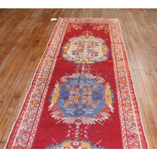 Textile Vintage Bright Red Turkish Runner - 3' x 10'9" For Sale - Image 7 of 12