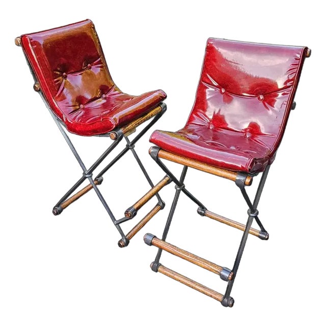 Mid 20th Century Pair of Campaign "X" Wrought Iron and Oak Bar Stools Attributed to Cleo Baldon for Terra of California For Sale