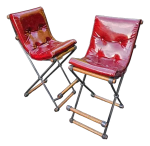 Mid 20th Century Pair of Campaign "X" Wrought Iron and Oak Bar Stools Attributed to Cleo Baldon for Terra of California
