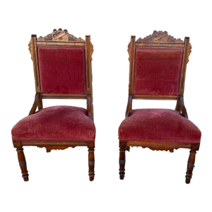 Antique 19th Century Victorian Eastlake Crushed Red Velvet Parlor Side Chairs