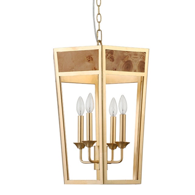 Matthew Izzo Home Ren Gold Metal Hexagon Lantern Style Pendant Light With Inset Burlwood For Sale In New York - Image 6 of 7