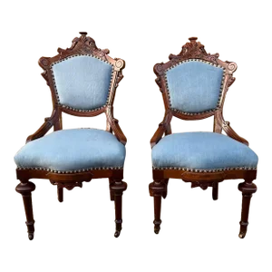 Early 20th Century Pair of Antique Victorian Style Mahogany Carved Parlor Chairs