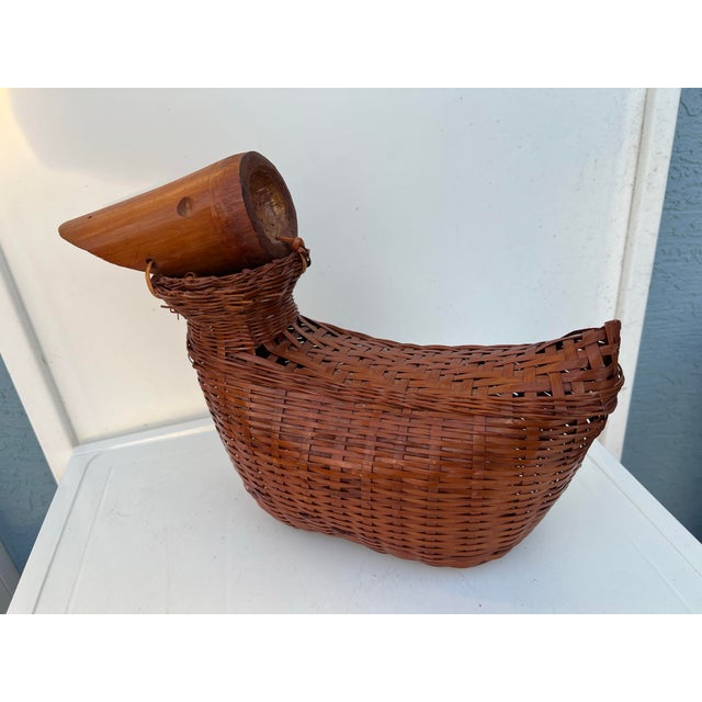 Mid 20th Century Vintage Wicker & Bamboo Wood Duck For Sale - Image 5 of 12