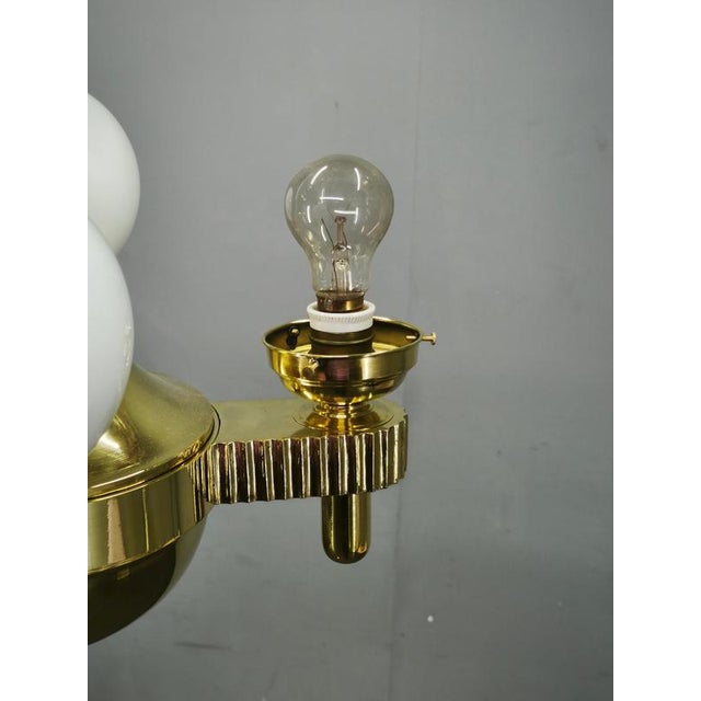 Vintage Czech Art Deco Brass and Opaline Glass Globe Pendant Light, 1920s For Sale - Image 3 of 15