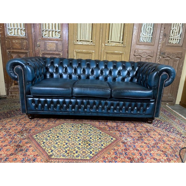 mid 20th century mid century english leather chesterfield 3 seat sofa blue