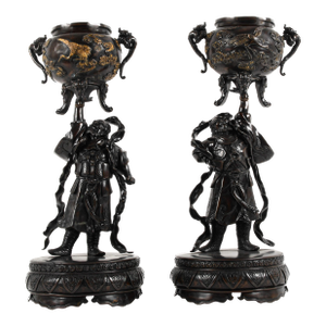 Antique Matched Pair of Japanese Warriors Lifting Footed Pots