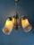 One of a kind murano glass chandelier with horn-like shades in the style of Mazzega. The lamps have three patterned glass...