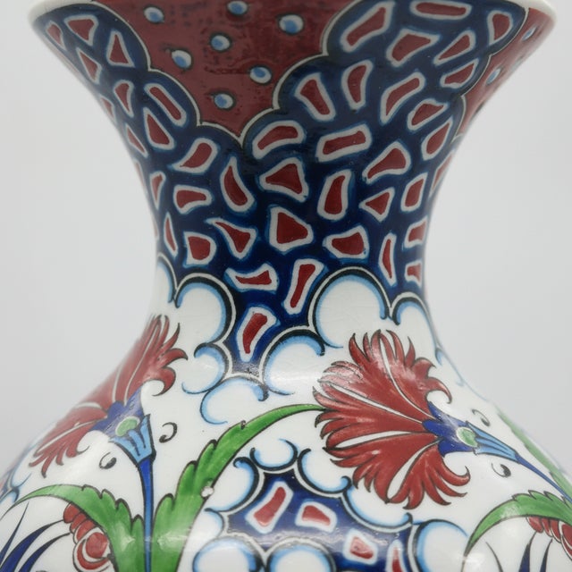 Handmade Ceramic Palace Vase (50cm) Red Carnations and Geometric Mosaic Neck Pedestal Urn For Sale - Image 4 of 8