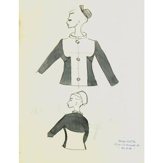 1960s Serge Matta, Vintage French Fashion Sketch - Two Tone Dress Jacket For Sale - Image 5 of 5