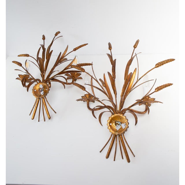 1970s Italian Gilt Metal Wall Sconces with Leaves and Ears of Wheat, 1960s, Set of 2 For Sale - Image 5 of 7