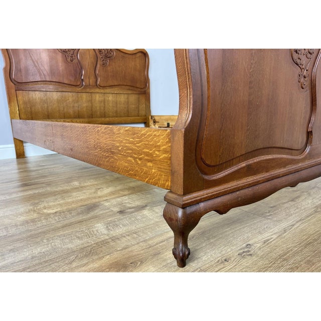 Vintage French Louis XVI Oak Double Bed Frame with Carved Headboard For Sale - Image 5 of 13