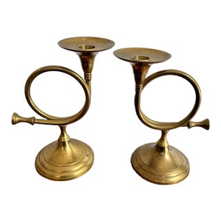 Brass French Horn Candlestick Holders, a Pair For Sale