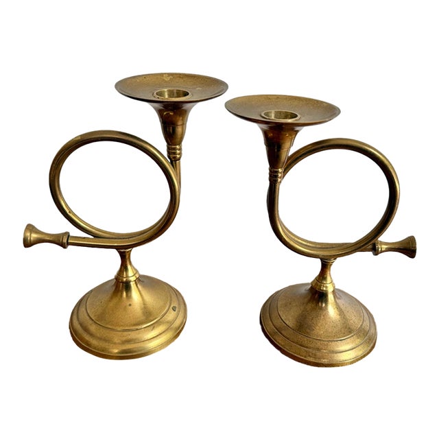 Brass French Horn Candlestick Holders, a Pair For Sale