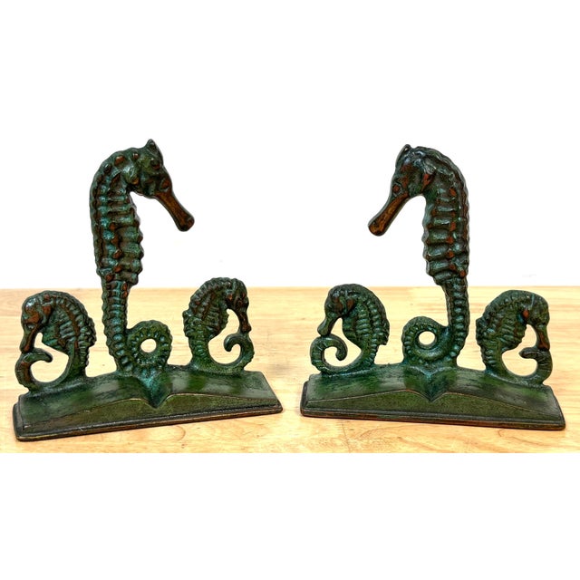 Arts & Crafts Bronze Seahorse Bookends, Attributed to E.T. Hurley, c.1920 Dimensions (each): 5.5" H × 5.5" W × 1.5" D...