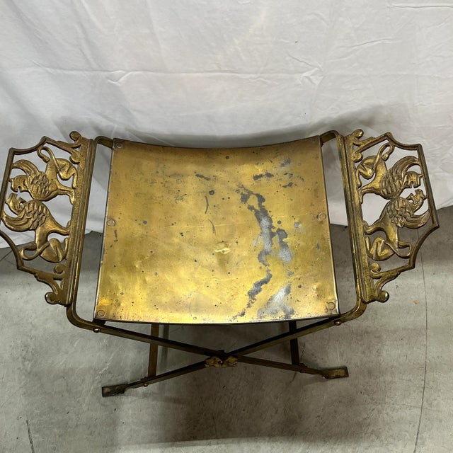 English Antique Oscar Bach Style Opposing Winged Griffins Iron X Base Bench/Stool For Sale - Image 3 of 5