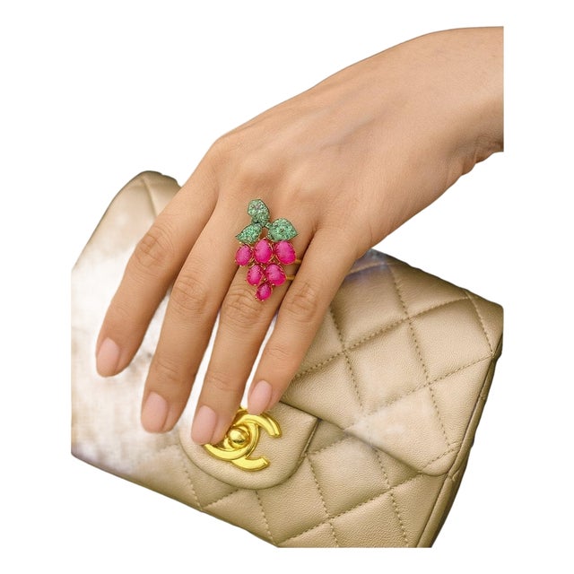 Bochic "Orient" Vintage Ruby & Emerald Bubble Wine Ring Set 18K & Silver For Sale