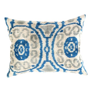 Contemporary Turkish Blue Silk Ikat Pillow For Sale