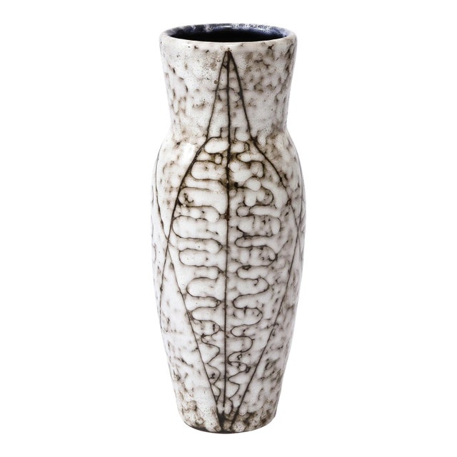 Mid-Century Modernist White and Earth Toned Ceramic Vase With Leaf Motif For Sale