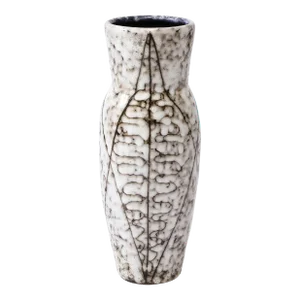 Mid-Century Modernist White and Earth Toned Ceramic Vase With Leaf Motif