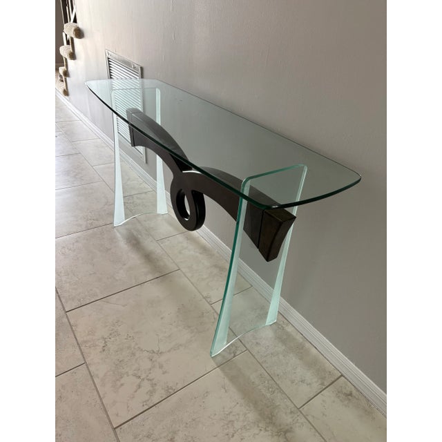 1980s Glass With Floating Wood Centre Hallway/ Entry Table For Sale - Image 5 of 7