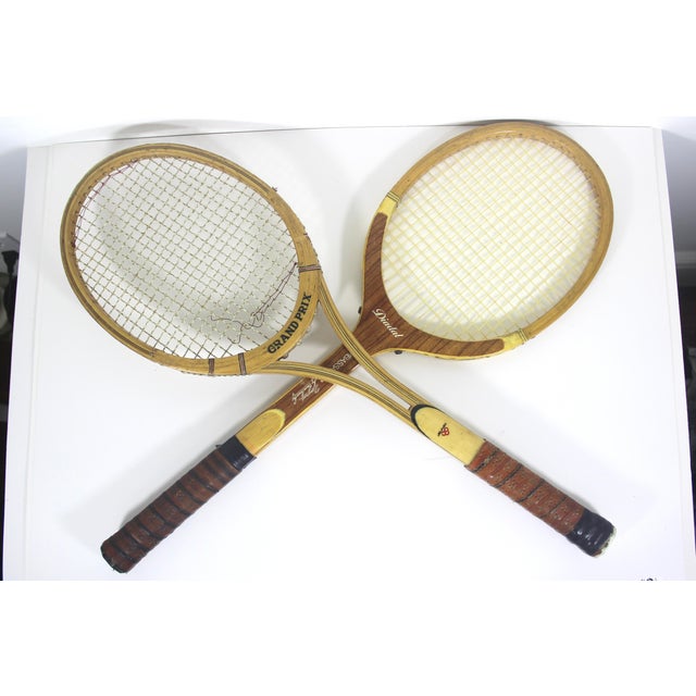 Brown Curated Pair of Vintage Tennis Rackets for Designer Decorating Wood Racquet Set of Two For Sale - Image 8 of 11