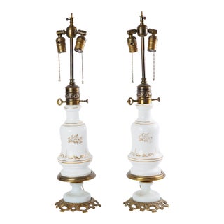 Pair of Antique Late 19th Century White Milk Glass Table Lamps For Sale