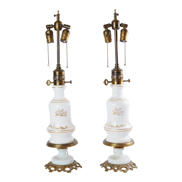 Pair of Antique Late 19th Century White Milk Glass Table Lamps For Sale