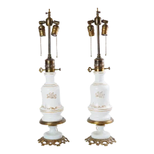 Pair of Antique Late 19th Century White Milk Glass Table Lamps