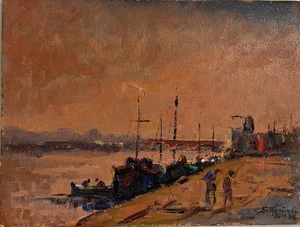 Manfredi, Boats on the Seine, 20th Century, Oil Painting on Panel