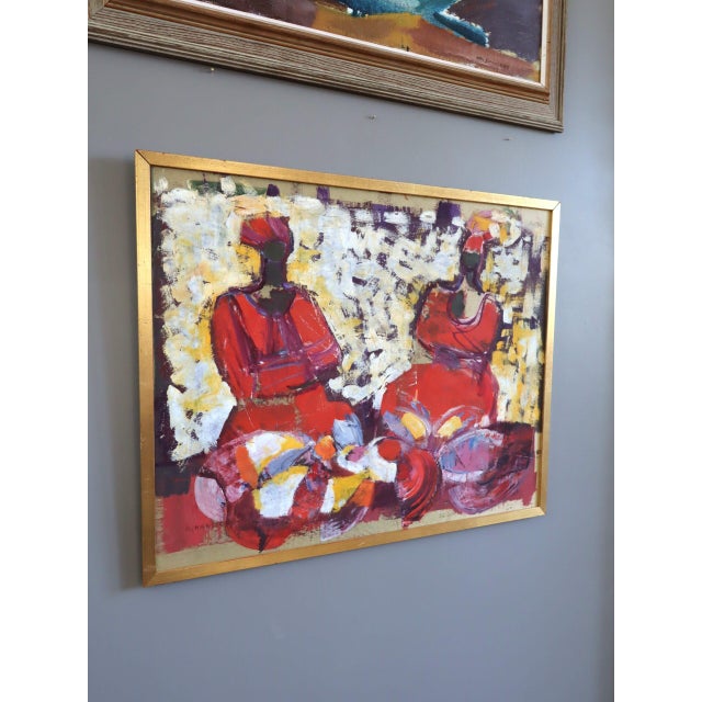 Mid-Century Modern Mid-Century Modern 'Crimson Conversation' Vintage Original Figurative Oil Painting by Swedish Artist Brita Hansson (1918-1979), Framed For Sale - Image 3 of 12