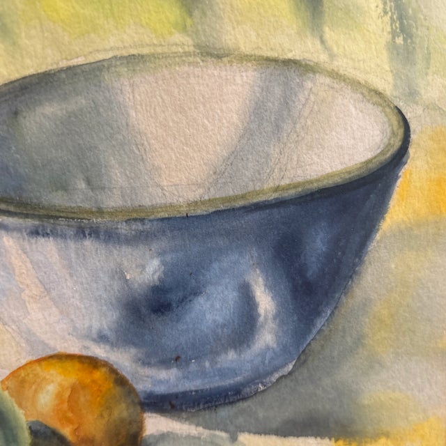 Blue 1980s Still Life Kitchen Watercolor Fruit, Candlestick Painting Framed For Sale - Image 8 of 12