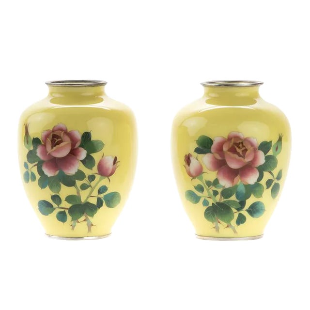 C. 1940s Japanese Yellow Cloisonné Vases - A Pair For Sale