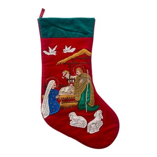 Vintage Folk Art Appliqué and Embroidered Nativity Scene Christmas Stocking For Sale