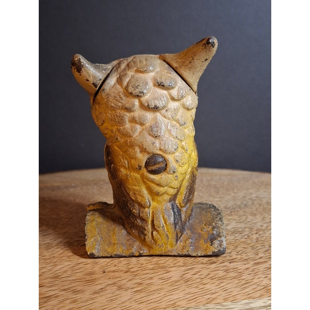 Vintage Cast Iron Owl on Stump Still Bank Gold Finish 3.7" Moore Pg 90 #599 For Sale - Image 11 of 18